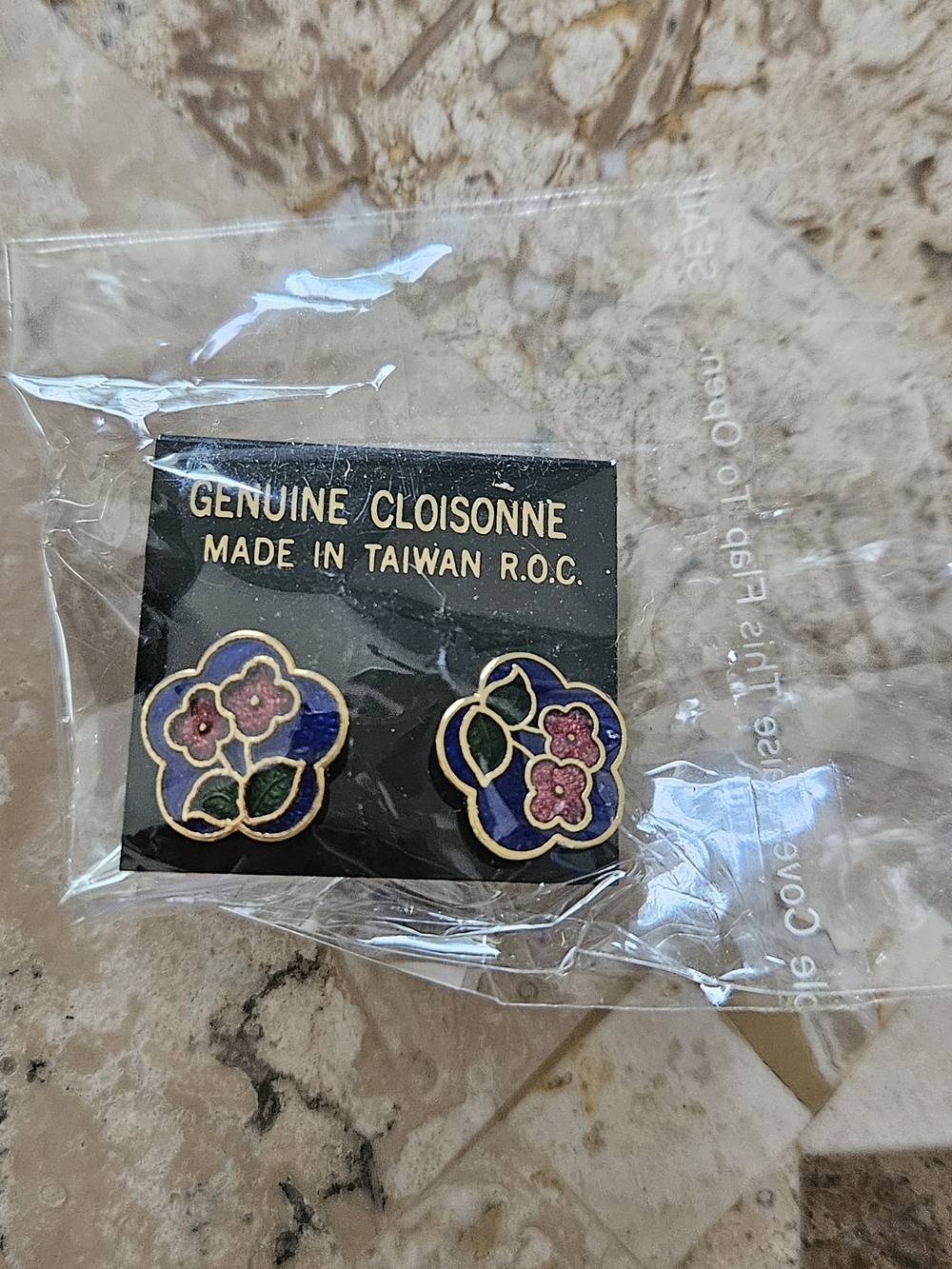 Cloisonne Blue & Pink Flower Floral Enamel Earrings Made in Taiwan ROC Genuine